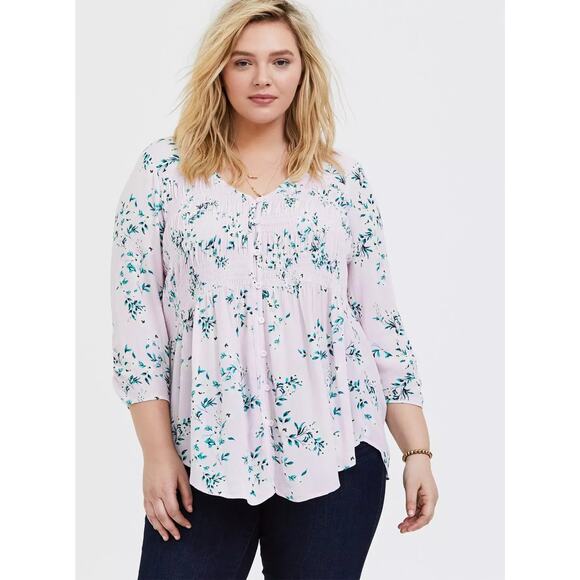 torrid Tops - Torrid Crinkle Gauze Smocked Button-Front Top Floral Pink Womens Plus Size 2 2X